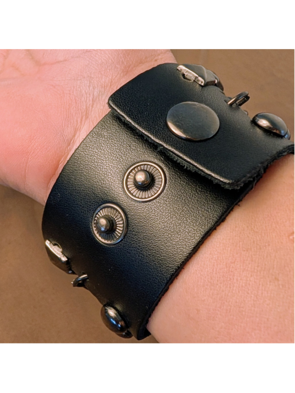 Black Studded Chain Cuff Bracelet Punk Goth Biker Faux Leather Adjustable Snap - Picture 3 of 7